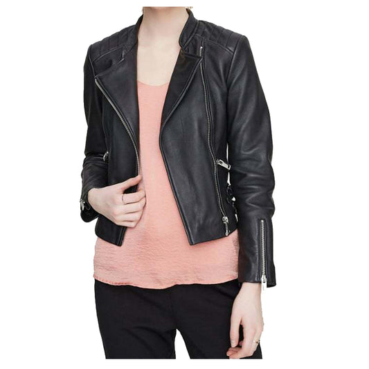 Women Classic Moto Biker Genuine Leather Jacket