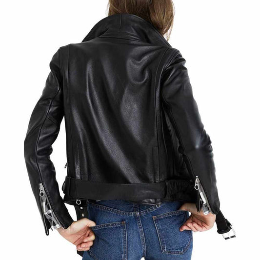 Women Fashion Motorcycle Slim Fit Black Real Leather Jacket