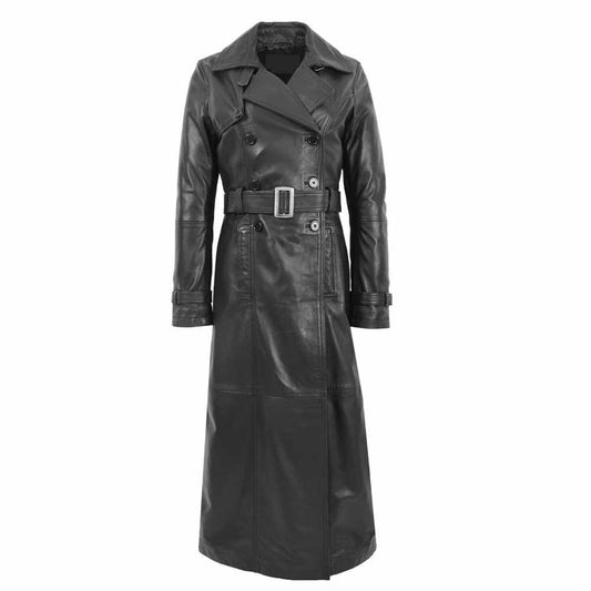 Women Full Length Black Leather Trench Coat Matrix Trinity Long Coat