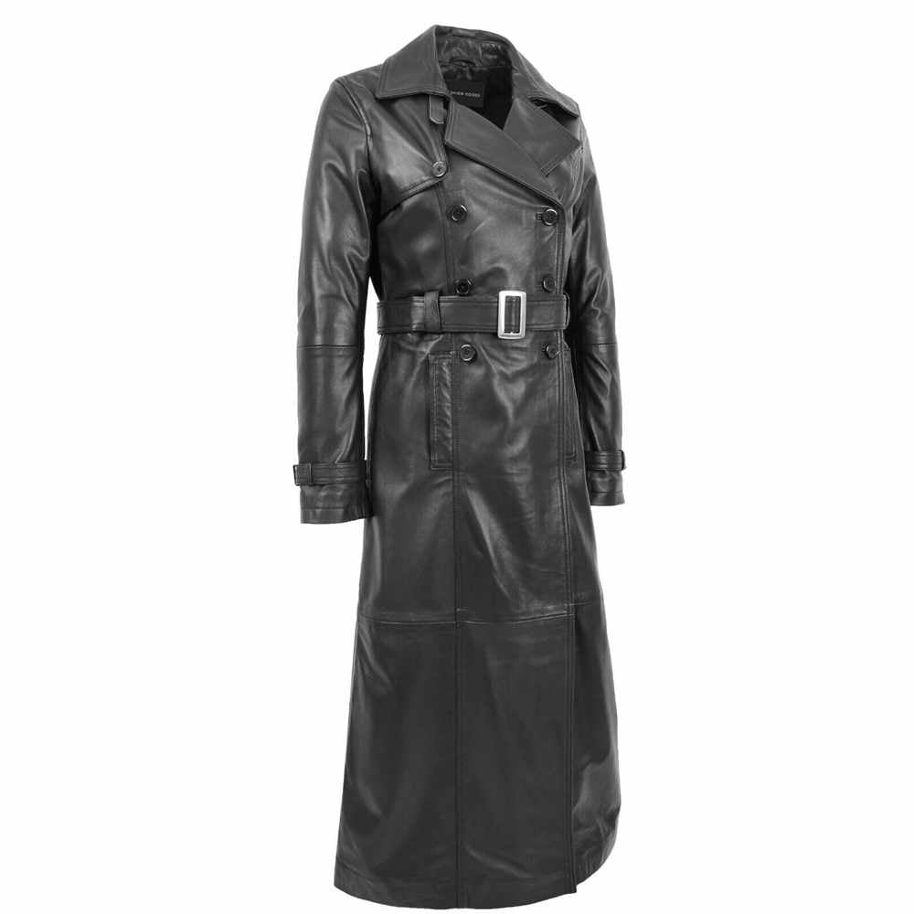 Women Full Length Black Leather Trench Coat Matrix Trinity Long Coat