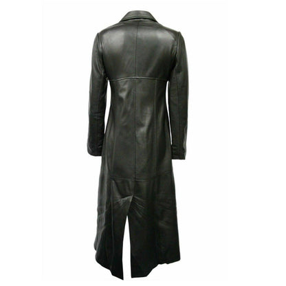 Women Genuine Black Leather Long Trench Overcoat