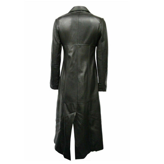 Women Genuine Black Leather Long Trench Overcoat