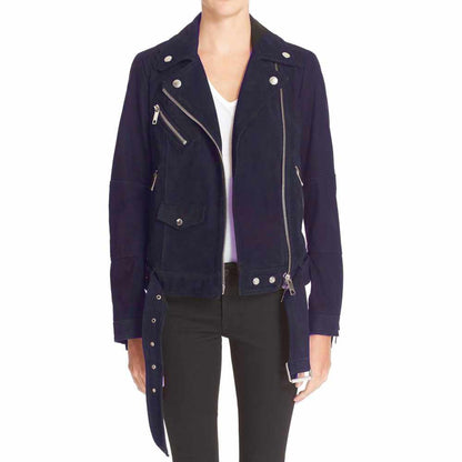 Women Nebbuk Leather Biker Fashion Jacket dark blue