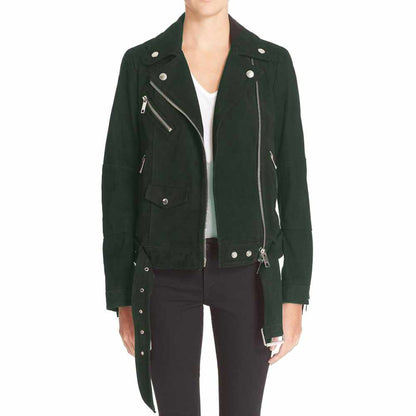 Women Nebbuk Leather Biker Fashion Jacket dark green