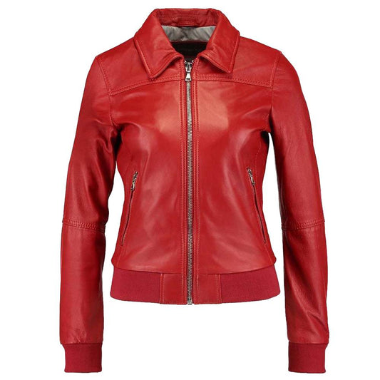 Women Red Bomber Motorcycle Lambskin Slim Fit Jacket front view