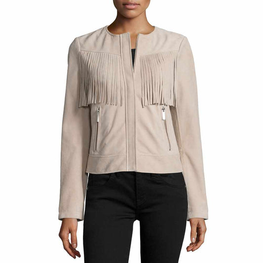 Women Slim Fit Fringe Leather Fashion Jacket in beige