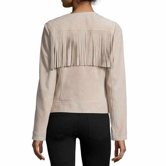 Women Slim Fit Fringe Leather Fashion Jacket in beige back view