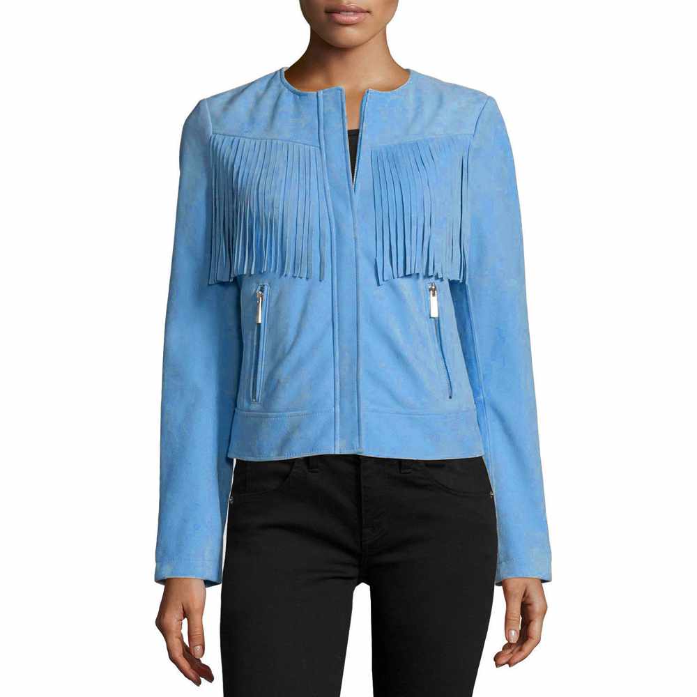Women Slim Fit Fringe Leather Fashion Jacket in blue