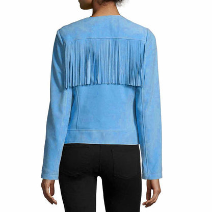 Women Slim Fit Fringe Leather Fashion Jacket in blue Back