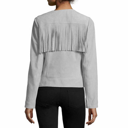 Women Slim Fit Fringe Leather Fashion Jacket in gray back