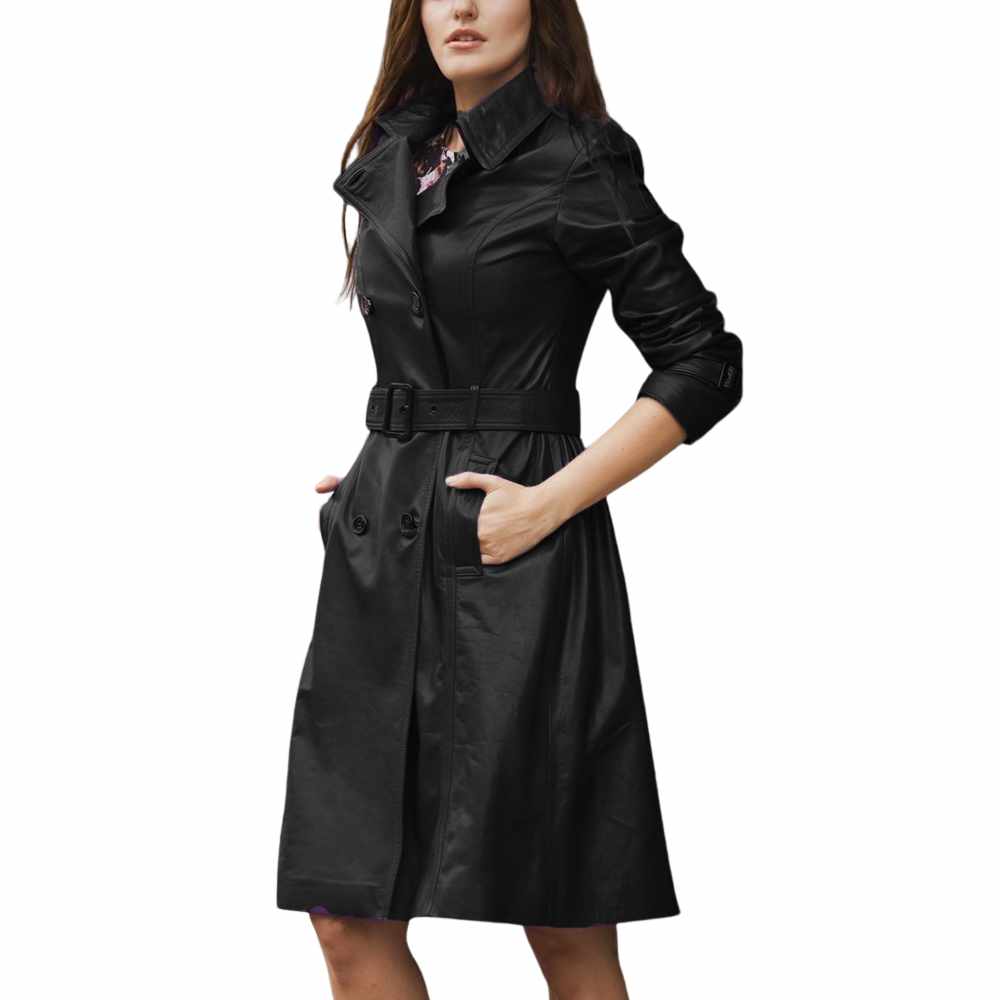 Women Slim Fit Genuine Leather Dress Trench Coat in black