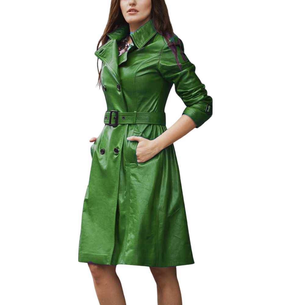 Women Slim Fit Genuine Leather Dress Trench Coat in green