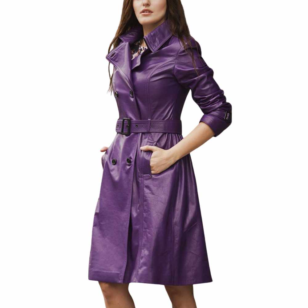 Women Slim Fit Genuine Leather Dress Trench Coat pruple