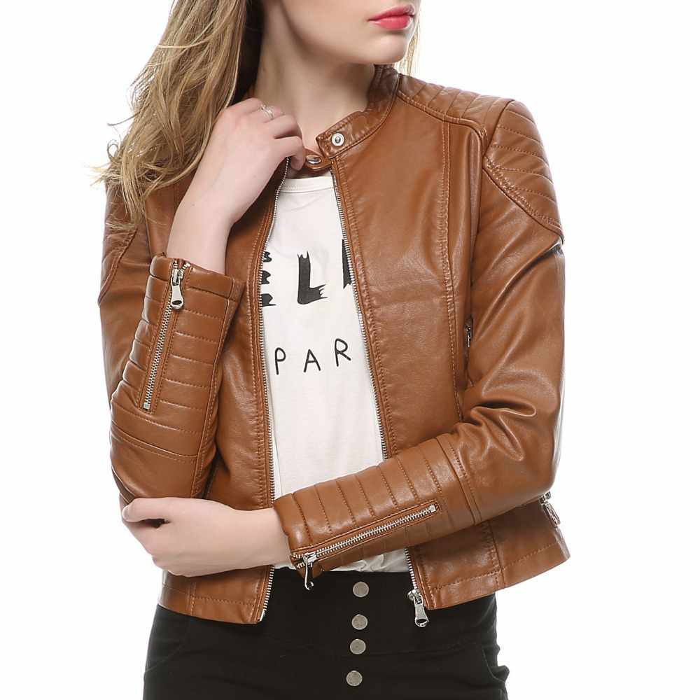 Women Slim Fit Motorcycle Fashion Leather Jackets in BrownFront