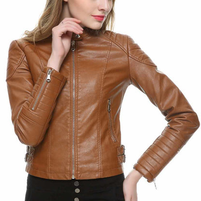 Women Slim Fit Motorcycle Fashion Leather Jackets in Brown side