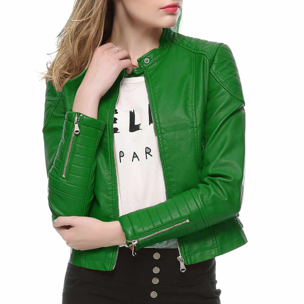 Women Slim Fit Motorcycle Fashion Leather Jackets in Green Fornt