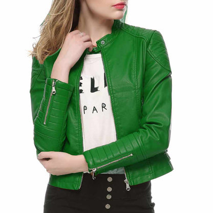 Women Slim Fit Motorcycle Fashion Leather Jackets in Green Fornt