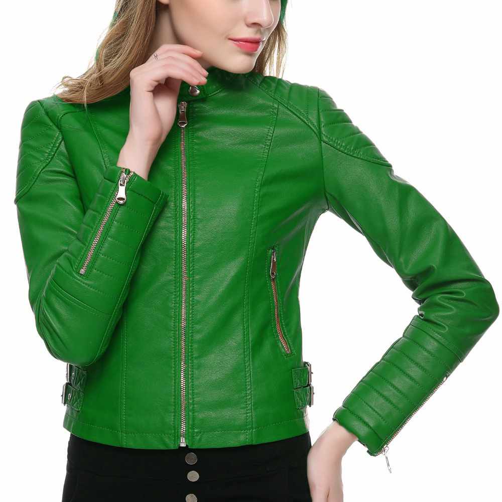 Women Slim Fit Motorcycle Fashion Leather Jackets in Green side