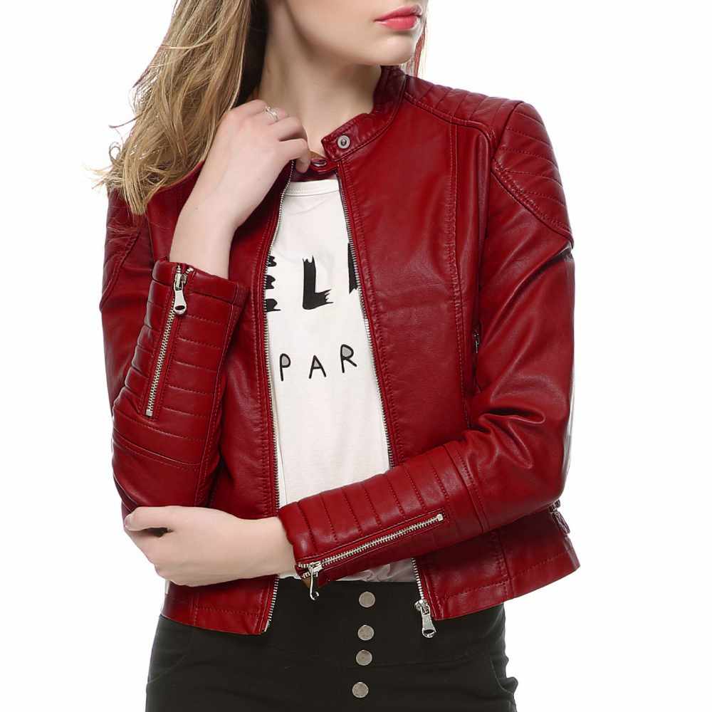 Women Slim Fit Motorcycle Fashion Leather Jackets in Red
