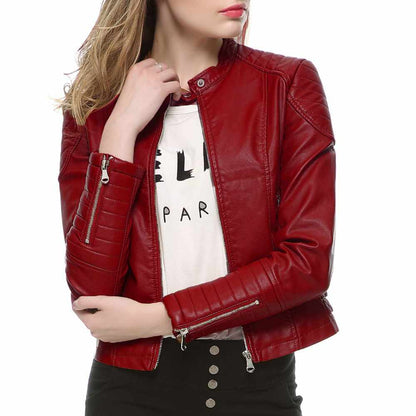 Women Slim Fit Motorcycle Fashion Leather Jackets in Red