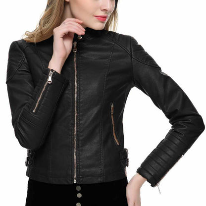 Women Slim Fit Motorcycle Fashion Leather Jackets in black side