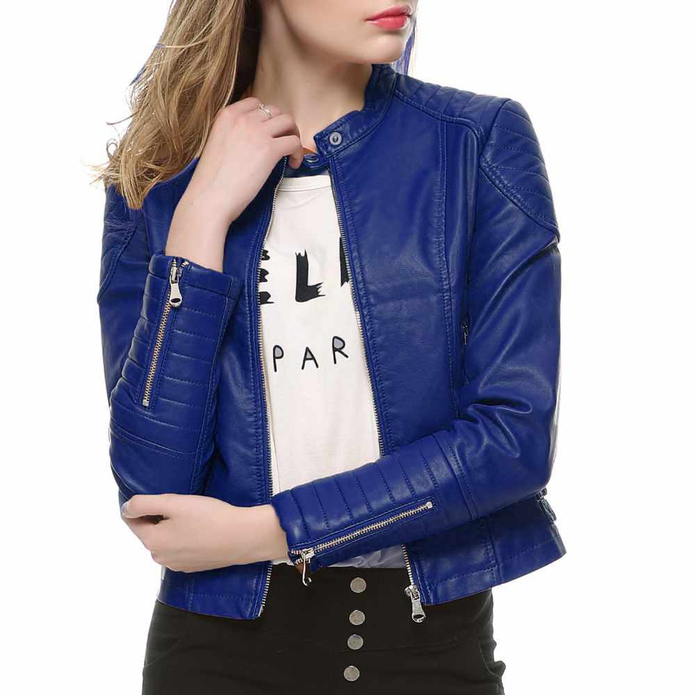 Women Slim Fit Motorcycle Fashion Leather Jackets in blue