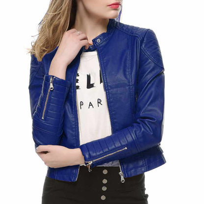 Women Slim Fit Motorcycle Fashion Leather Jackets in blue