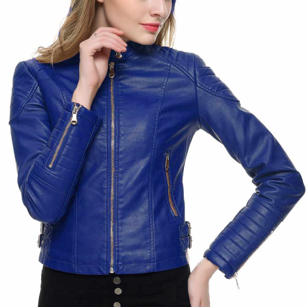 Women Slim Fit Motorcycle Fashion Leather Jackets in blue side