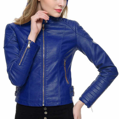 Women Slim Fit Motorcycle Fashion Leather Jackets in blue side