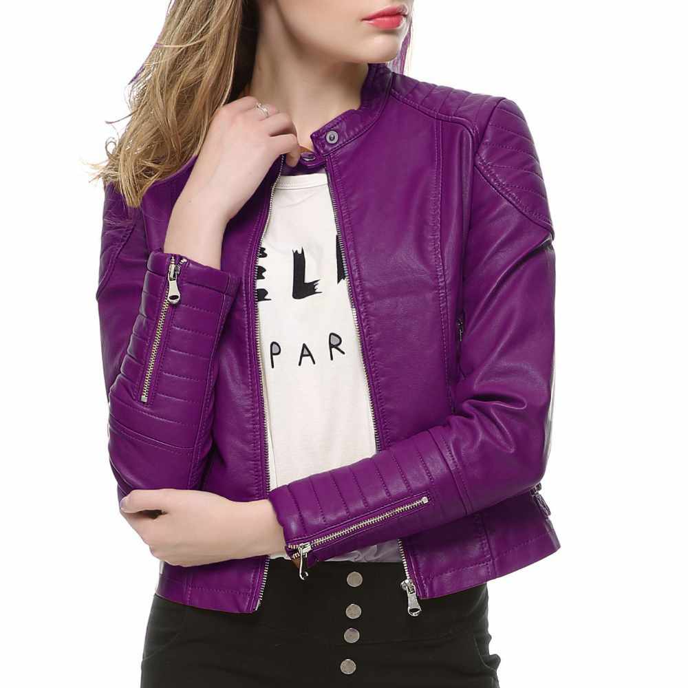 Women Slim Fit Motorcycle Fashion Leather Jackets in purple