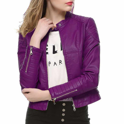 Women Slim Fit Motorcycle Fashion Leather Jackets in purple