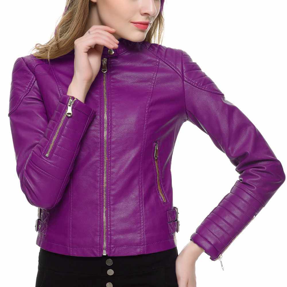 Women Slim Fit Motorcycle Fashion Leather Jackets in purple side