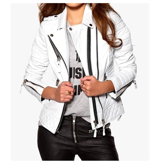 Women Soft Slim Fit Motorcycle Leather Jacket White