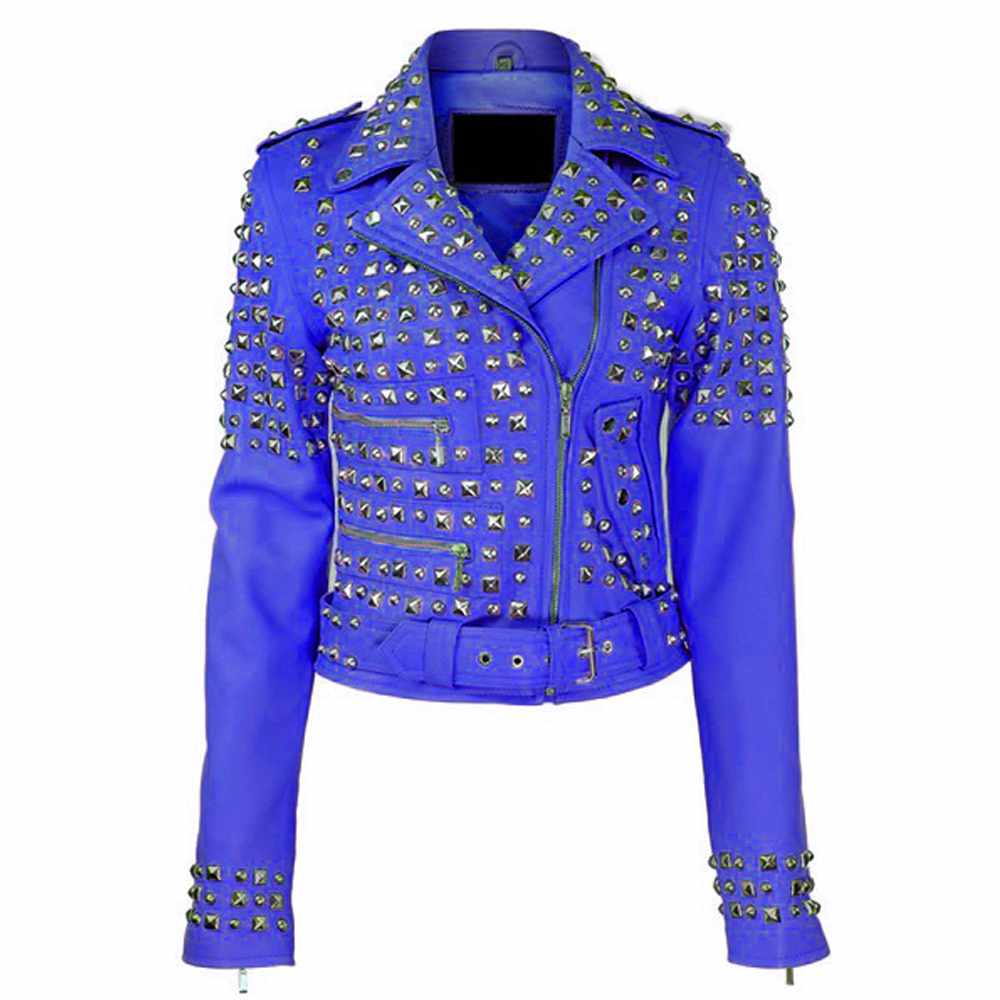 Women Studded Brando Motorcycle Genuine Leather Jacket in blue