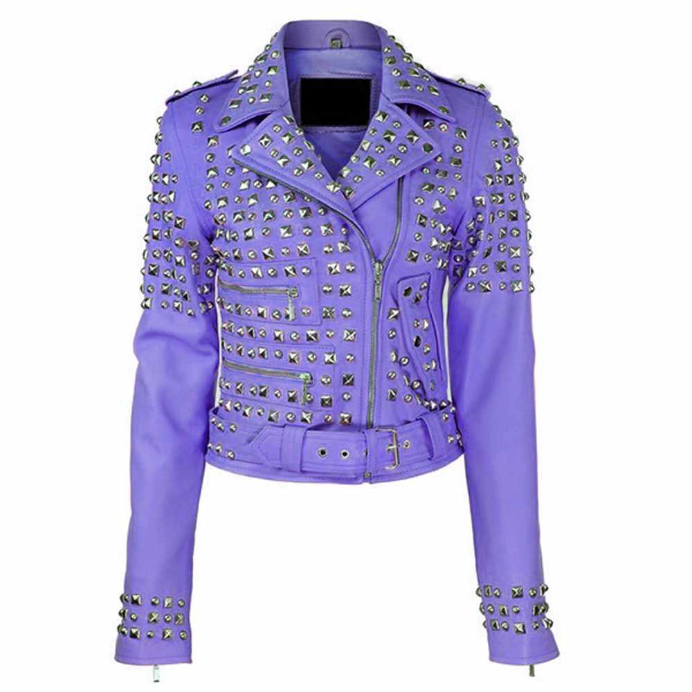 Women Studded Brando Motorcycle Genuine Leather Jacket in purple