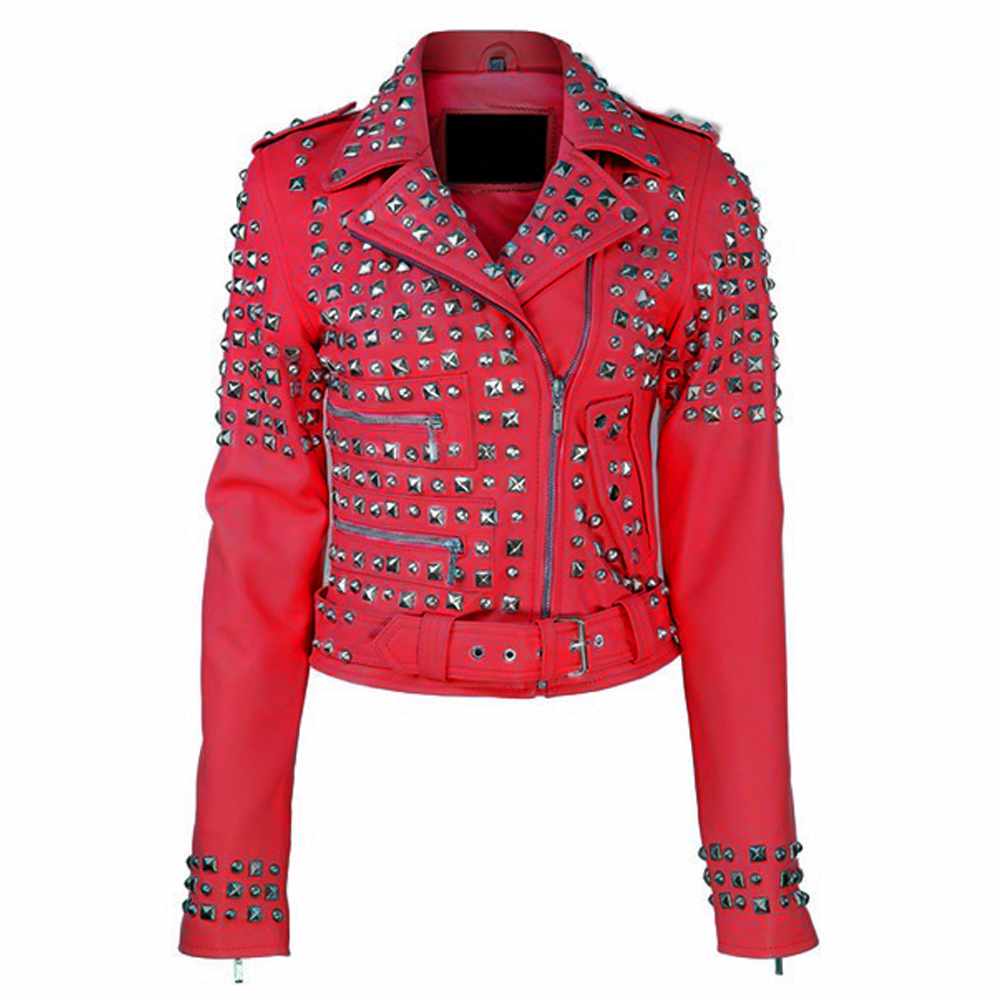 Women Studded Brando Motorcycle Genuine Leather Jacket in red