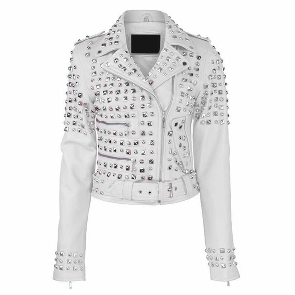Women Studded Brando Motorcycle Genuine Leather Jacket in white