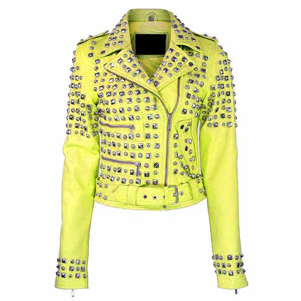 Women Studded Brando Motorcycle Genuine Leather Jacket in yellow