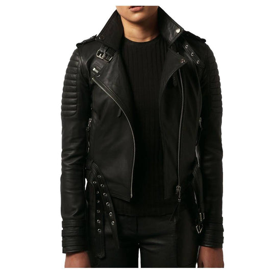 Women Waist Belted Moto Slim Fit Biker Jacket Lambskin Biker Jacket