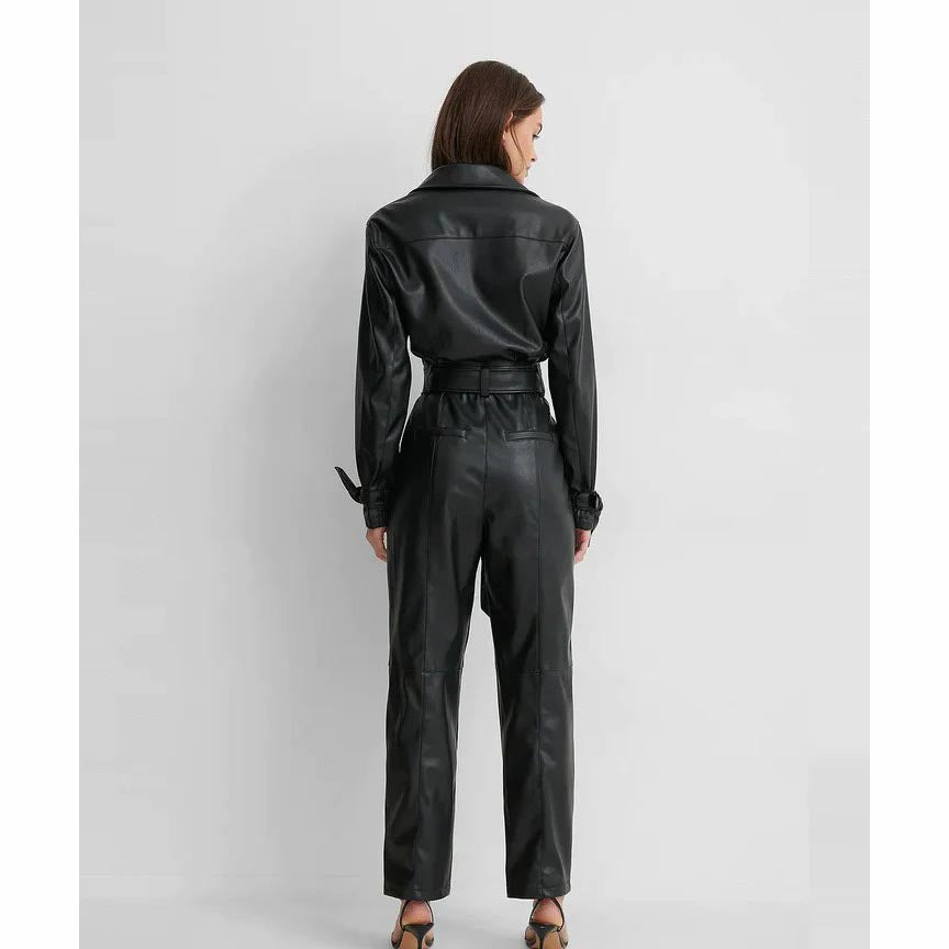 Women's Black Genuine Lambskin Leather Jumpsuit
