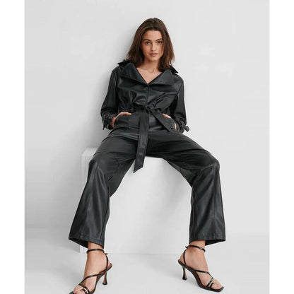 Women's Black Genuine Lambskin Leather Jumpsuit