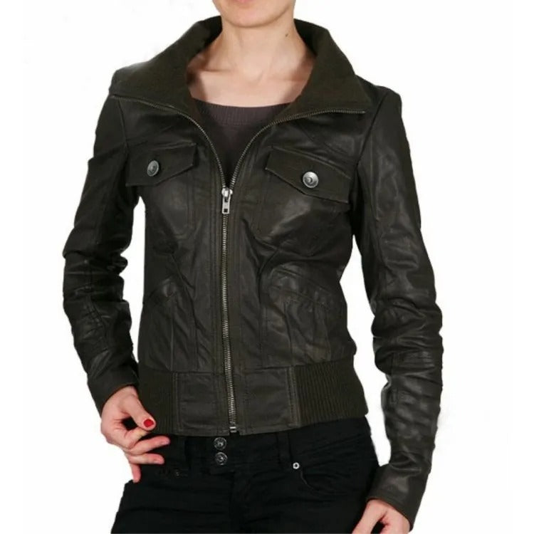 Women's Black Genuine Leather Bomber Jacket