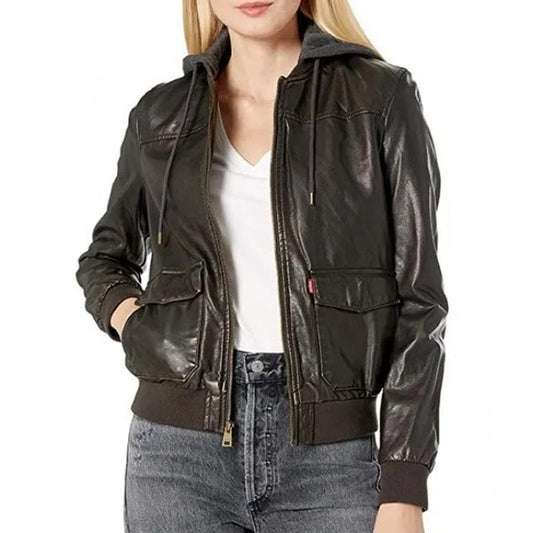 Women's Black Leather Bomber Jacket with Hood