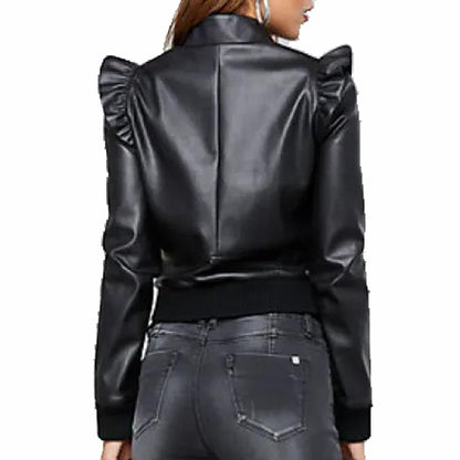 Women's Black Leather Bomber Jacket with Ruffled Shoulders