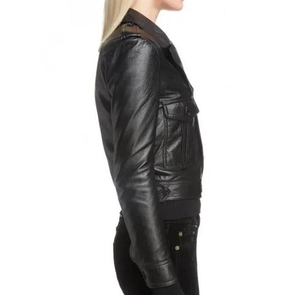 Women's Black Leather Motorcycle Jacket With Button Front