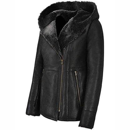 Women's Black Leather Shearling Fur Jacket with Hood