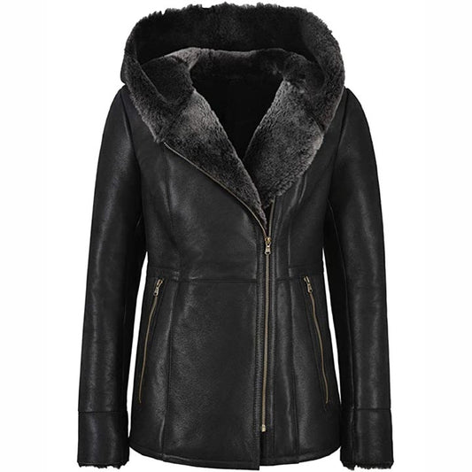 Women's Black Leather Shearling Fur Jacket with Hood