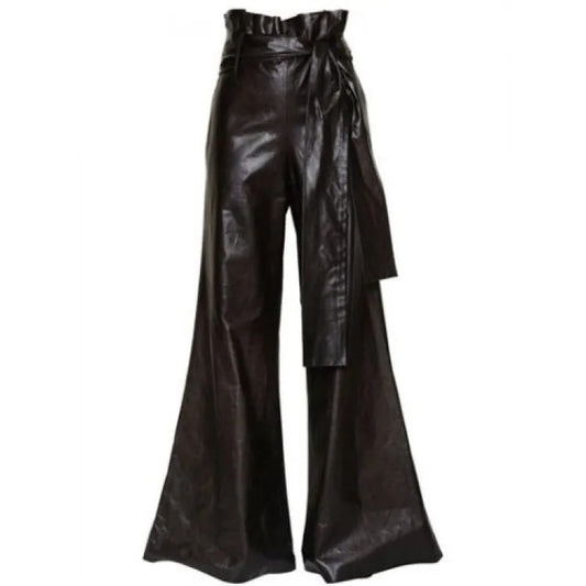 Women's Black Leather Wide Leg Trousers in Vintage Style