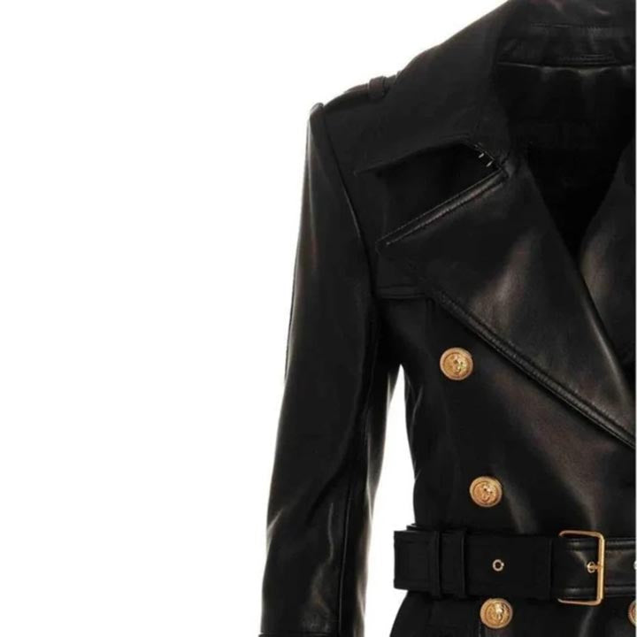 Women's Black Long Leather Trench Coat