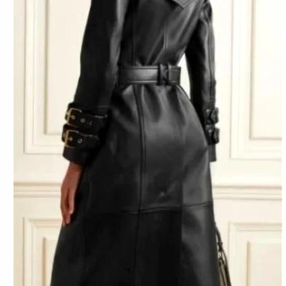 Women's Black Long Leather Trench Coat